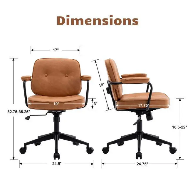 Alt view image 2 of 6 - Modern Armless Desk Chairs Set of 1, Swivel Computer Task Chair with Wheels and Armrests, PU Leather Adjustable Office Chair with Backrest for Home Base, Light Brown