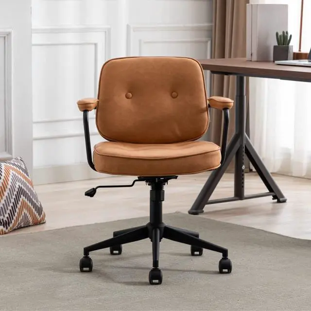 Alt view image 3 of 6 - Modern Armless Desk Chairs Set of 1, Swivel Computer Task Chair with Wheels and Armrests, PU Leather Adjustable Office Chair with Backrest for Home Base, Light Brown