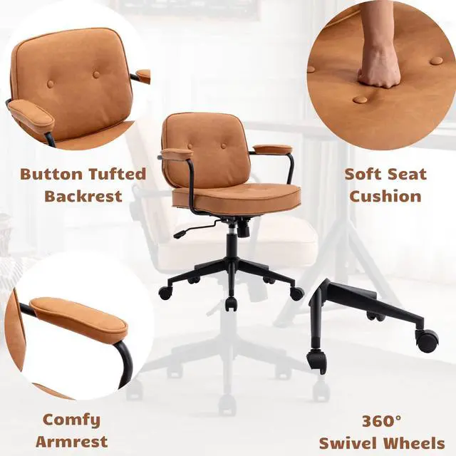 Alt view image 4 of 6 - Modern Armless Desk Chairs Set of 1, Swivel Computer Task Chair with Wheels and Armrests, PU Leather Adjustable Office Chair with Backrest for Home Base, Light Brown