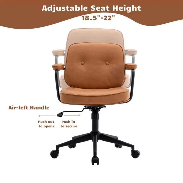 Alt view image 5 of 6 - Modern Armless Desk Chairs Set of 1, Swivel Computer Task Chair with Wheels and Armrests, PU Leather Adjustable Office Chair with Backrest for Home Base, Light Brown