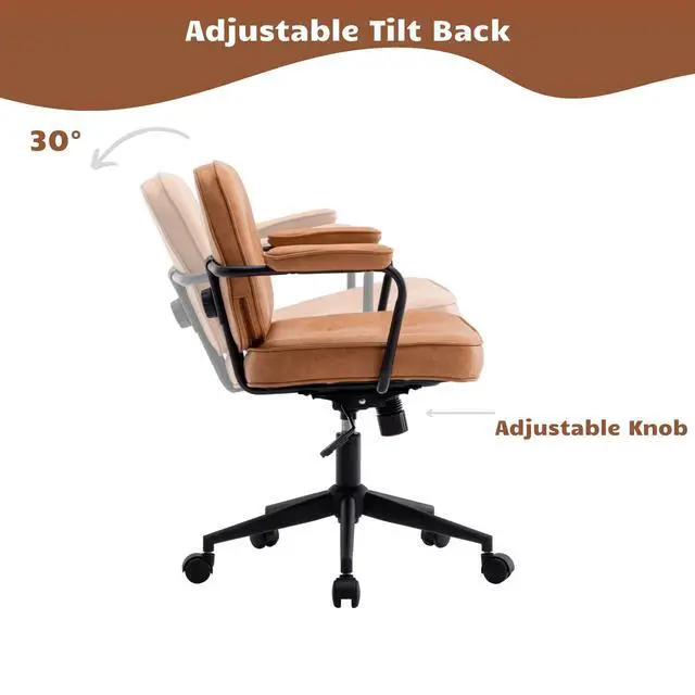 Alt view image 6 of 6 - Modern Armless Desk Chairs Set of 1, Swivel Computer Task Chair with Wheels and Armrests, PU Leather Adjustable Office Chair with Backrest for Home Base, Light Brown