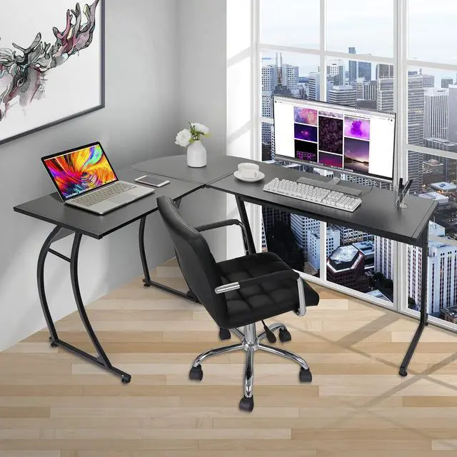 Alt view image 2 of 6 - Modern L-Shaped Home Office Desk with Round Corner Computer Desk Gaming Writing PC Laptop Workstation with Solid Steel Frame Desktop (Black)