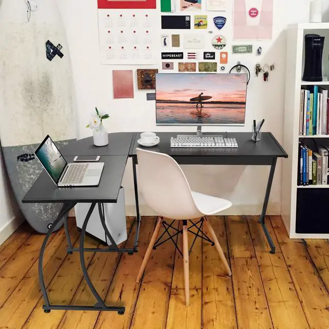 Alt view image 4 of 6 - Modern L-Shaped Home Office Desk with Round Corner Computer Desk Gaming Writing PC Laptop Workstation with Solid Steel Frame Desktop (Black)