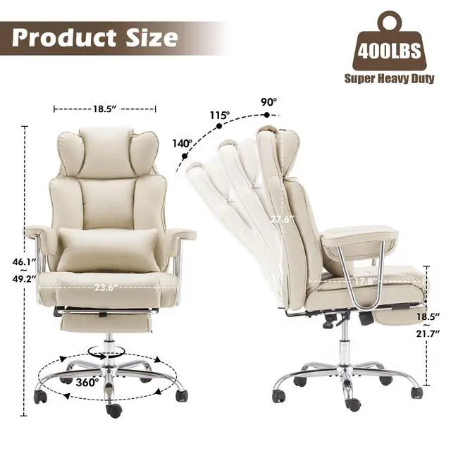 Alt view image 3 of 6 - Big and Tall Office Chair with Foot Rest Comfortable Executive Reclining Office Large Leather Chair with Adjustable High Back Heavy Duty for Heavy People up to 400lbs