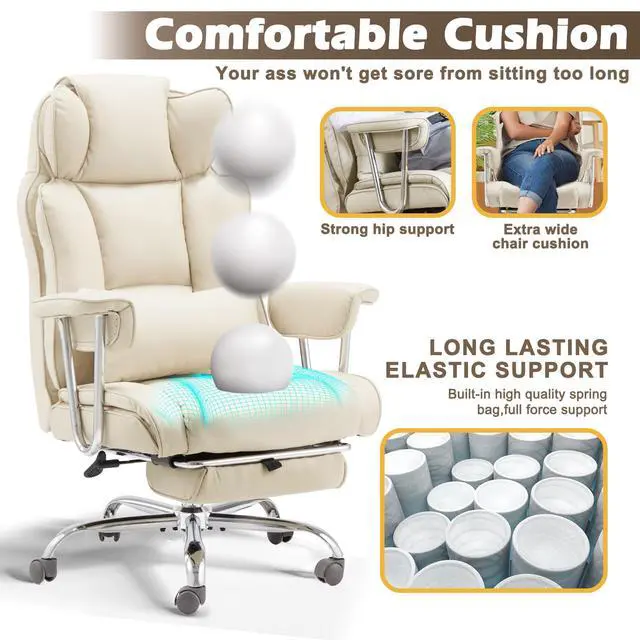 Alt view image 5 of 6 - Big and Tall Office Chair with Foot Rest Comfortable Executive Reclining Office Large Leather Chair with Adjustable High Back Heavy Duty for Heavy People up to 400lbs