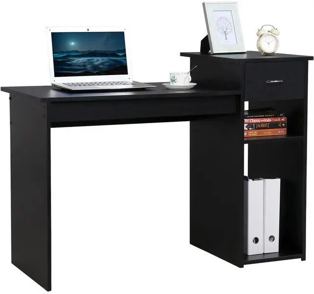 Main image of Home Office Computer Desk with Storage Drawer and Monitor Stand, Wooden PC Laptop Table, Modern Simple Style Computer Workstation for Study Writing, Black