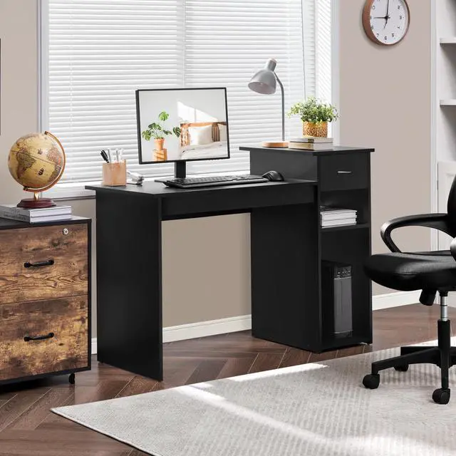 Alt view image 4 of 6 - Home Office Computer Desk with Storage Drawer and Monitor Stand, Wooden PC Laptop Table, Modern Simple Style Computer Workstation for Study Writing, Black