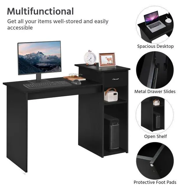 Alt view image 5 of 6 - Home Office Computer Desk with Storage Drawer and Monitor Stand, Wooden PC Laptop Table, Modern Simple Style Computer Workstation for Study Writing, Black