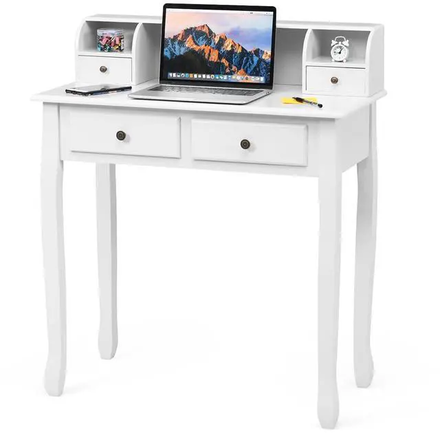 Main image of Byroce Small Writing Desk with Removable Hutch, 2-Tier Vanity Table with 4 Drawers, 3 Cubbies & Pine Wood Legs, Study Computer Desk for Bedroom Home Office (White)