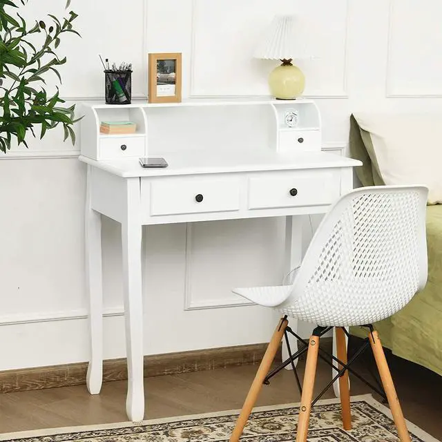 Alt view image 2 of 6 - Byroce Small Writing Desk with Removable Hutch, 2-Tier Vanity Table with 4 Drawers, 3 Cubbies & Pine Wood Legs, Study Computer Desk for Bedroom Home Office (White)