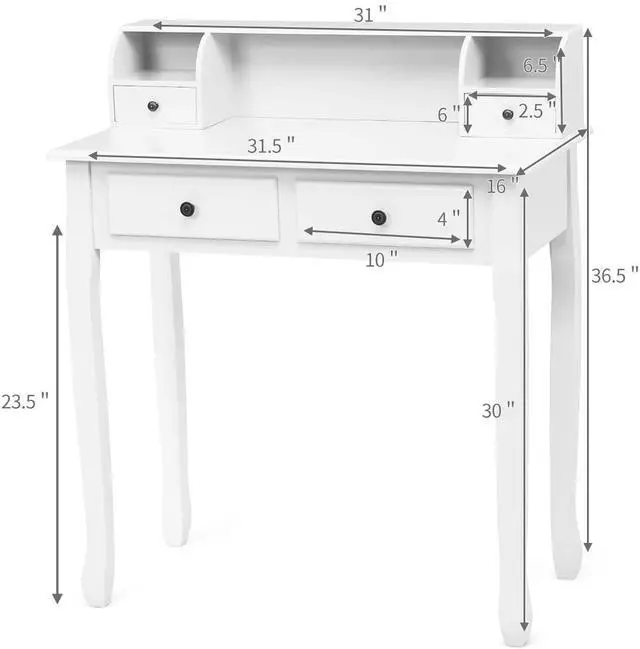 Alt view image 3 of 6 - Byroce Small Writing Desk with Removable Hutch, 2-Tier Vanity Table with 4 Drawers, 3 Cubbies & Pine Wood Legs, Study Computer Desk for Bedroom Home Office (White)