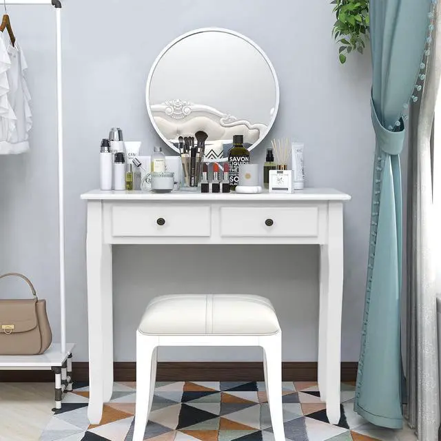 Alt view image 4 of 6 - Byroce Small Writing Desk with Removable Hutch, 2-Tier Vanity Table with 4 Drawers, 3 Cubbies & Pine Wood Legs, Study Computer Desk for Bedroom Home Office (White)