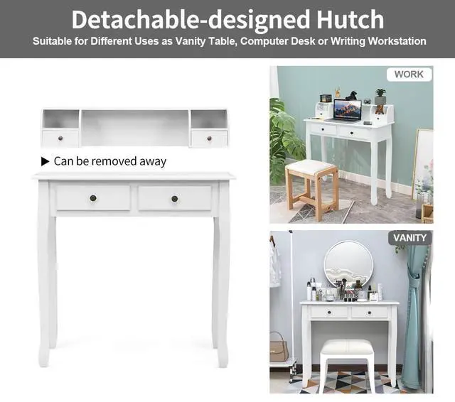Alt view image 6 of 6 - Byroce Small Writing Desk with Removable Hutch, 2-Tier Vanity Table with 4 Drawers, 3 Cubbies & Pine Wood Legs, Study Computer Desk for Bedroom Home Office (White)