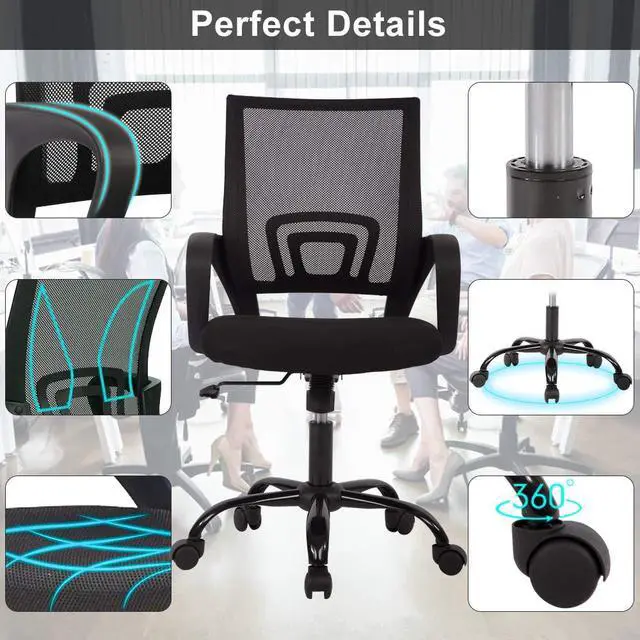 Alt view image 5 of 6 - Ergonomic Mid Back Mesh Office Desk Chair with Lumbar Support & Armrest, Modern Adjustable Height Swivel Task Executive Chair for Women & Men, Black