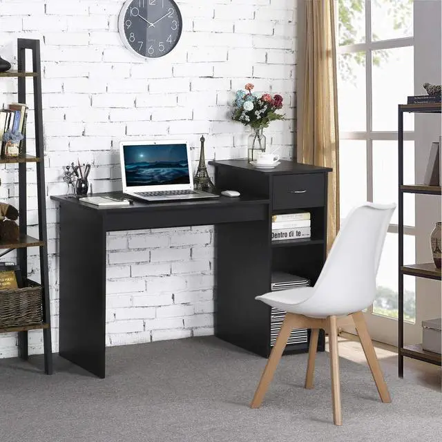 Alt view image 4 of 6 - Modern Computer Desk, 47 inch Home Office Computer Desk, Study Writing PC Table Workstation with Drawers and Printer Shelf for Small Spaces, Home Office Furniture