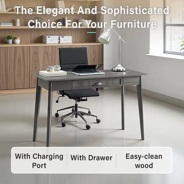 Alt view image 5 of 6 - Newport Series Home Office Computer Writing Desk with Fully Extended Drawer | Laptop PC Workstation with USB Hub | Sturdy and Stylish | Easy Assembly| Smoke Oak Wood Look Accent Living Room Furniture