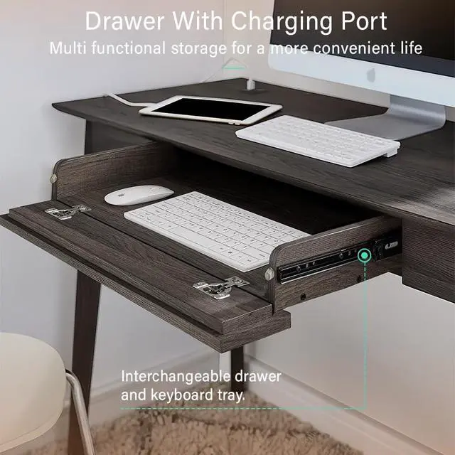 Alt view image 6 of 6 - Newport Series Home Office Computer Writing Desk with Fully Extended Drawer | Laptop PC Workstation with USB Hub | Sturdy and Stylish | Easy Assembly| Smoke Oak Wood Look Accent Living Room Furniture