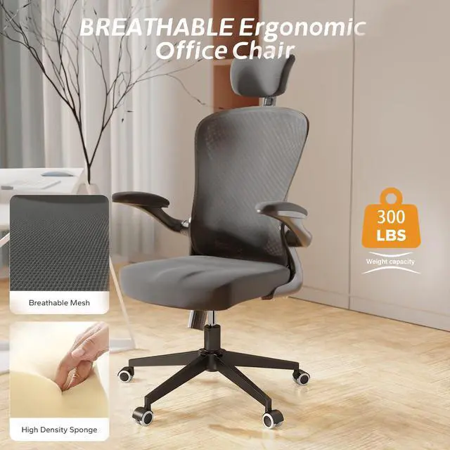 Alt view image 2 of 6 - Office Chair Ergonomic Office Chair Tilt Function Adjustable Headrest with Flip-Up Arms, Cushion for Lumbar Support and Sturdy Wheels, 360 Degree Swivel Desk Chairs