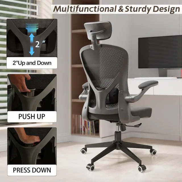 Alt view image 3 of 6 - Office Chair Ergonomic Office Chair Tilt Function Adjustable Headrest with Flip-Up Arms, Cushion for Lumbar Support and Sturdy Wheels, 360 Degree Swivel Desk Chairs