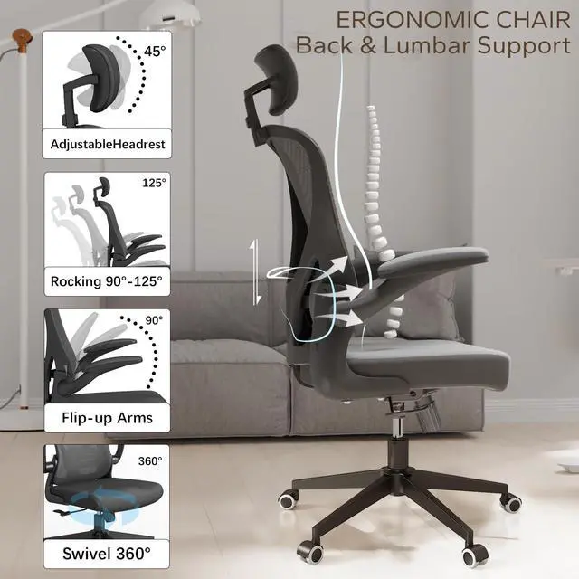 Alt view image 4 of 6 - Office Chair Ergonomic Office Chair Tilt Function Adjustable Headrest with Flip-Up Arms, Cushion for Lumbar Support and Sturdy Wheels, 360 Degree Swivel Desk Chairs