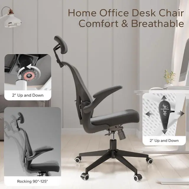 Alt view image 5 of 6 - Office Chair Ergonomic Office Chair Tilt Function Adjustable Headrest with Flip-Up Arms, Cushion for Lumbar Support and Sturdy Wheels, 360 Degree Swivel Desk Chairs