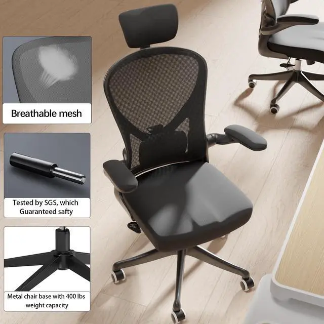 Alt view image 6 of 6 - Office Chair Ergonomic Office Chair Tilt Function Adjustable Headrest with Flip-Up Arms, Cushion for Lumbar Support and Sturdy Wheels, 360 Degree Swivel Desk Chairs