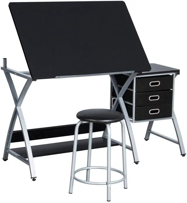 Main image of Drafting Tables, Draft Drawing Desk w/Stool and Tiltable Tabletop, 3 Storage Drawers, Reading, Writing Art Crafting Workstation, Black