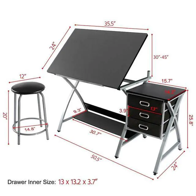 Alt view image 3 of 6 - Drafting Tables, Draft Drawing Desk w/Stool and Tiltable Tabletop, 3 Storage Drawers, Reading, Writing Art Crafting Workstation, Black