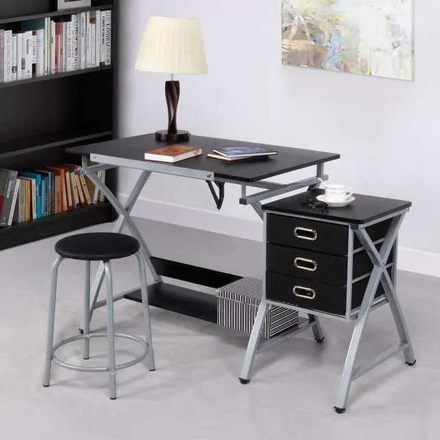 Alt view image 5 of 6 - Drafting Tables, Draft Drawing Desk w/Stool and Tiltable Tabletop, 3 Storage Drawers, Reading, Writing Art Crafting Workstation, Black