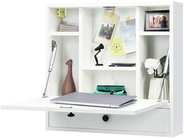 Main image of Wall-Mounted Computer Desk, Floating Desk with Storage Drawer & Shelves, Fold-up Desktop & Pneumatic Springs, Ideal for Home, Office, Dormitory, Small Spaces (White)