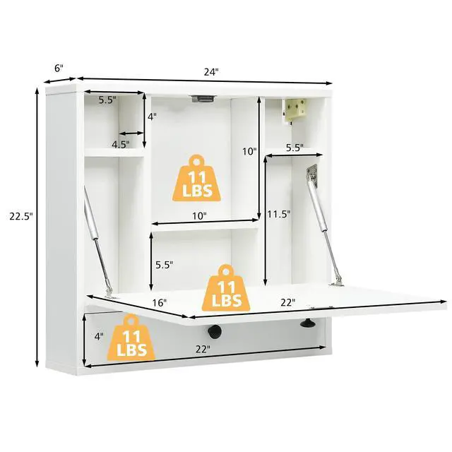 Alt view image 3 of 6 - Wall-Mounted Computer Desk, Floating Desk with Storage Drawer & Shelves, Fold-up Desktop & Pneumatic Springs, Ideal for Home, Office, Dormitory, Small Spaces (White)