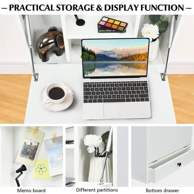 Alt view image 4 of 6 - Wall-Mounted Computer Desk, Floating Desk with Storage Drawer & Shelves, Fold-up Desktop & Pneumatic Springs, Ideal for Home, Office, Dormitory, Small Spaces (White)