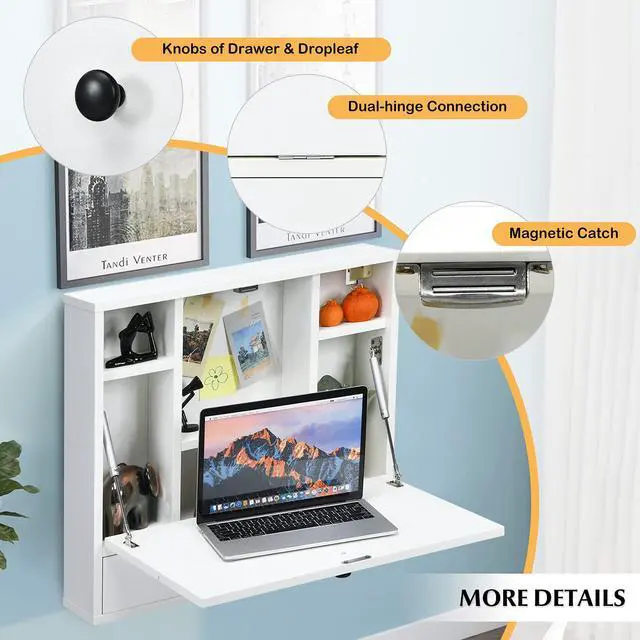 Alt view image 5 of 6 - Wall-Mounted Computer Desk, Floating Desk with Storage Drawer & Shelves, Fold-up Desktop & Pneumatic Springs, Ideal for Home, Office, Dormitory, Small Spaces (White)