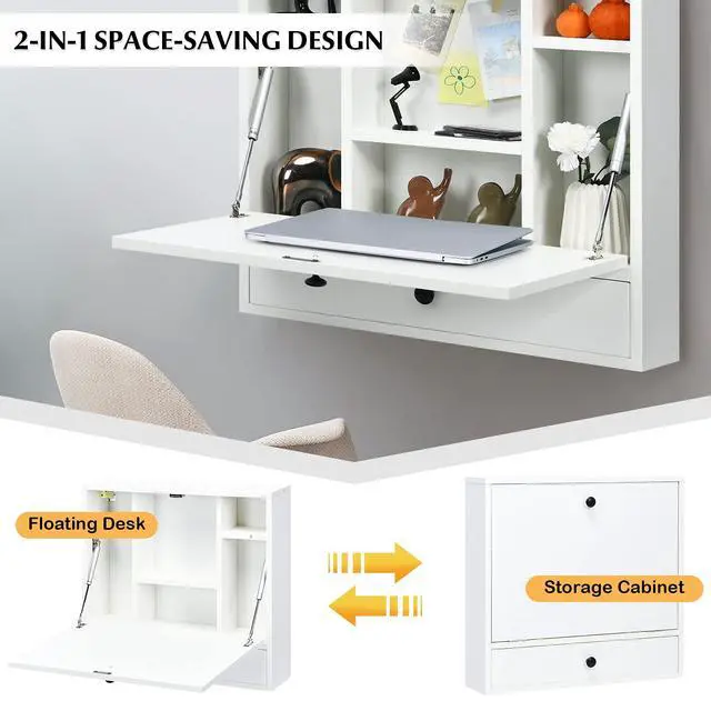 Alt view image 6 of 6 - Wall-Mounted Computer Desk, Floating Desk with Storage Drawer & Shelves, Fold-up Desktop & Pneumatic Springs, Ideal for Home, Office, Dormitory, Small Spaces (White)