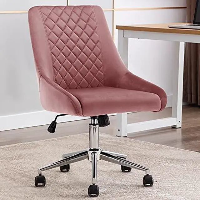 Alt view image 2 of 6 - Velvet Home Office Chair with Wheels, Swivel Accent Chair with Backrest Adjustable Upholstered Armless Computer Desk Chair for Bedroom Living Room, Pink