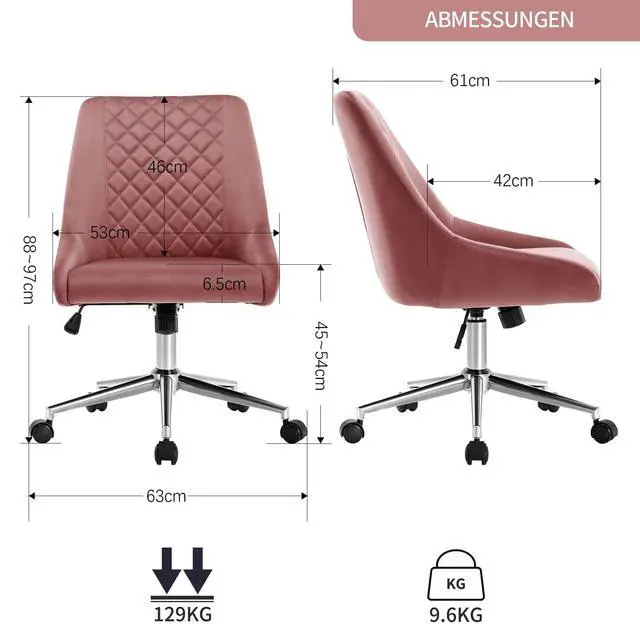 Alt view image 3 of 6 - Velvet Home Office Chair with Wheels, Swivel Accent Chair with Backrest Adjustable Upholstered Armless Computer Desk Chair for Bedroom Living Room, Pink