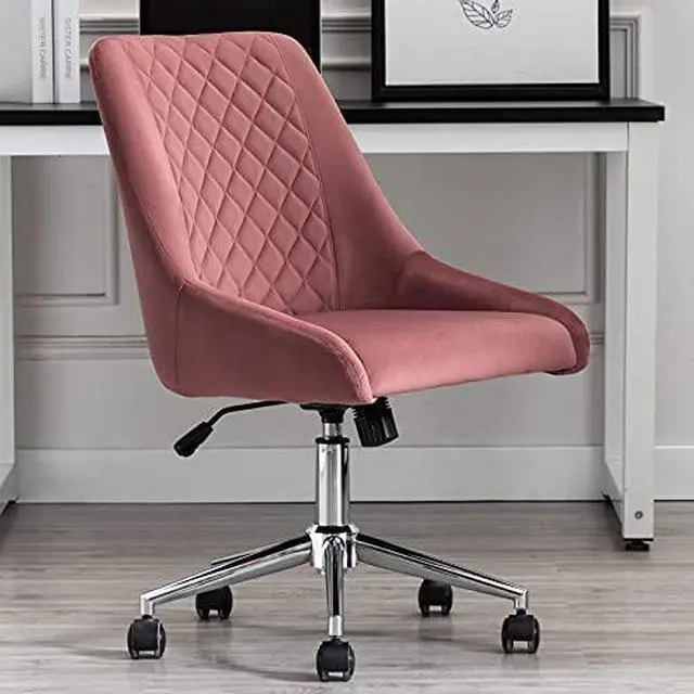 Alt view image 6 of 6 - Velvet Home Office Chair with Wheels, Swivel Accent Chair with Backrest Adjustable Upholstered Armless Computer Desk Chair for Bedroom Living Room, Pink