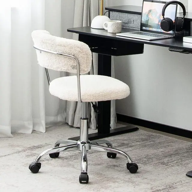 Alt view image 2 of 6 - Home Office Chair, Faux Fur Low Back Swivel Leisure Chair w/Height Adjustable Padded Seat, Rolling Armless Vanity Chair w/Galvanized Steel Frame for Bedroom Study Guest Room, White