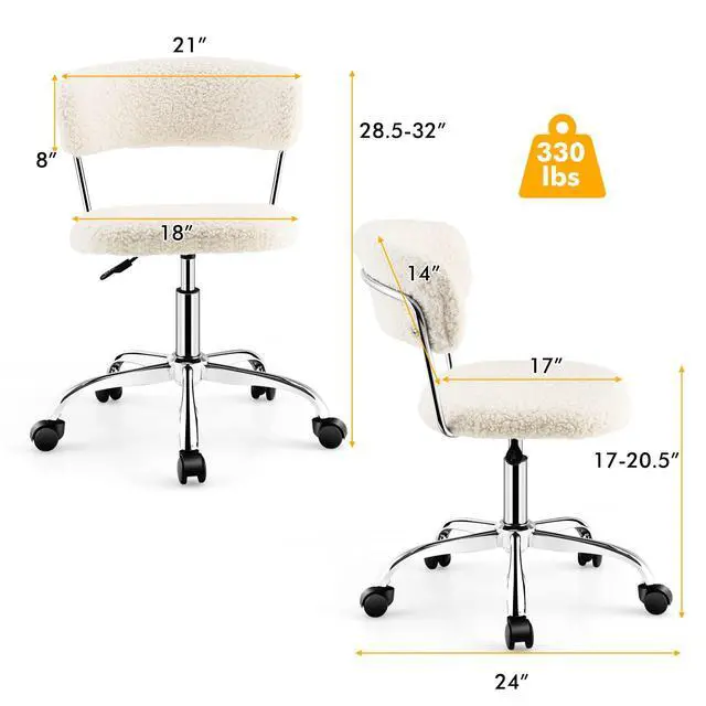 Alt view image 3 of 6 - Home Office Chair, Faux Fur Low Back Swivel Leisure Chair w/Height Adjustable Padded Seat, Rolling Armless Vanity Chair w/Galvanized Steel Frame for Bedroom Study Guest Room, White
