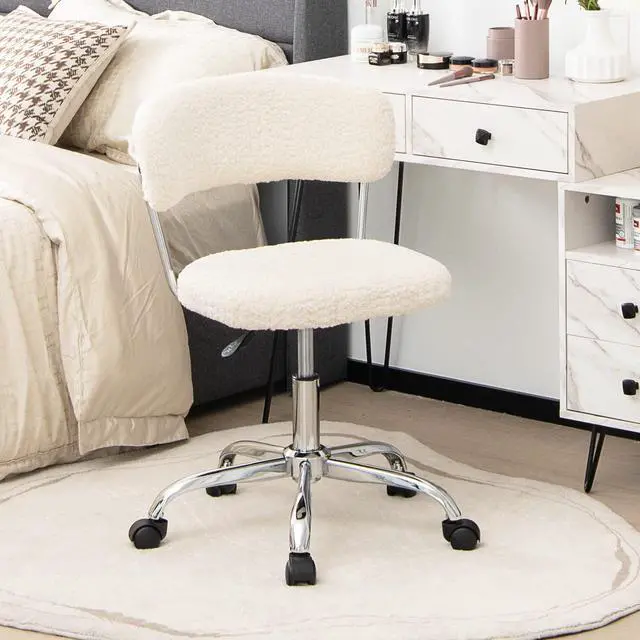 Alt view image 4 of 6 - Home Office Chair, Faux Fur Low Back Swivel Leisure Chair w/Height Adjustable Padded Seat, Rolling Armless Vanity Chair w/Galvanized Steel Frame for Bedroom Study Guest Room, White