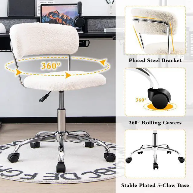 Alt view image 5 of 6 - Home Office Chair, Faux Fur Low Back Swivel Leisure Chair w/Height Adjustable Padded Seat, Rolling Armless Vanity Chair w/Galvanized Steel Frame for Bedroom Study Guest Room, White