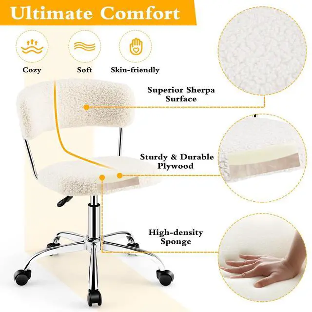 Alt view image 6 of 6 - Home Office Chair, Faux Fur Low Back Swivel Leisure Chair w/Height Adjustable Padded Seat, Rolling Armless Vanity Chair w/Galvanized Steel Frame for Bedroom Study Guest Room, White