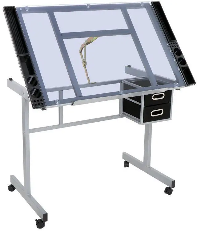 Main image of Glass Top Drafting Table with Storage, Adjustable Multifunctional Drafting Drawing Table Desk Tempered Glass Top Art Craft w/Drawers, Castors