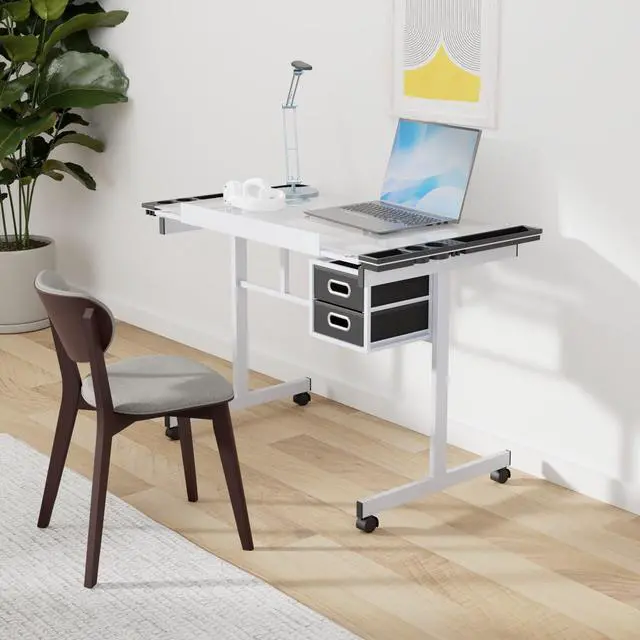 Alt view image 2 of 6 - Glass Top Drafting Table with Storage, Adjustable Multifunctional Drafting Drawing Table Desk Tempered Glass Top Art Craft w/Drawers, Castors