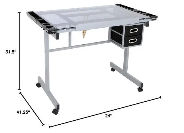 Alt view image 3 of 6 - Glass Top Drafting Table with Storage, Adjustable Multifunctional Drafting Drawing Table Desk Tempered Glass Top Art Craft w/Drawers, Castors