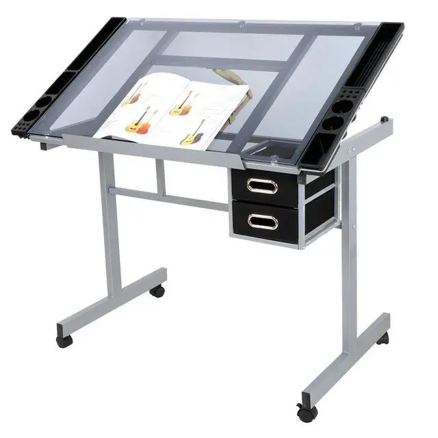 Alt view image 4 of 6 - Glass Top Drafting Table with Storage, Adjustable Multifunctional Drafting Drawing Table Desk Tempered Glass Top Art Craft w/Drawers, Castors