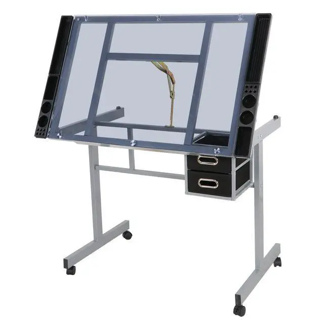 Alt view image 5 of 6 - Glass Top Drafting Table with Storage, Adjustable Multifunctional Drafting Drawing Table Desk Tempered Glass Top Art Craft w/Drawers, Castors