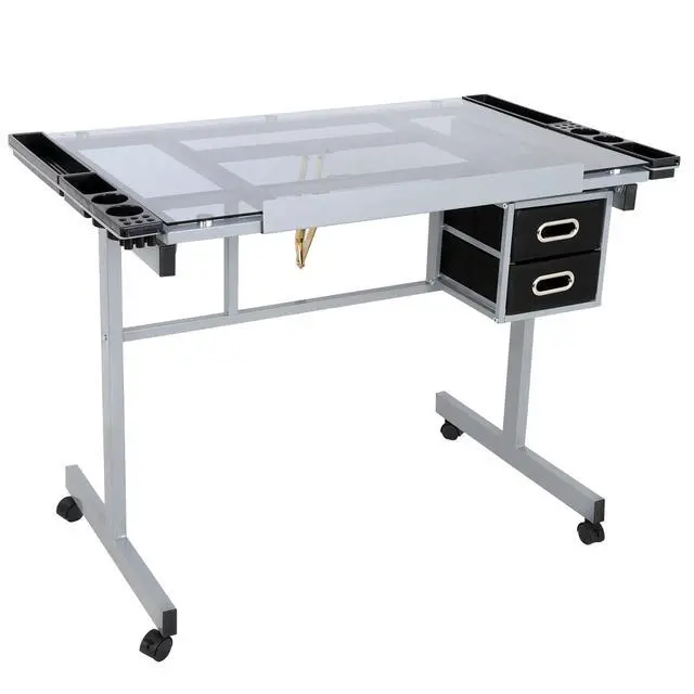 Alt view image 6 of 6 - Glass Top Drafting Table with Storage, Adjustable Multifunctional Drafting Drawing Table Desk Tempered Glass Top Art Craft w/Drawers, Castors