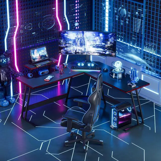 Alt view image 2 of 6 - L Shaped Gaming Desk, 51 Inch Pc Corner Table, Computer Corner Desk with Monitor Stand for Home Office Sturdy Writing Workstation (Large, Black)