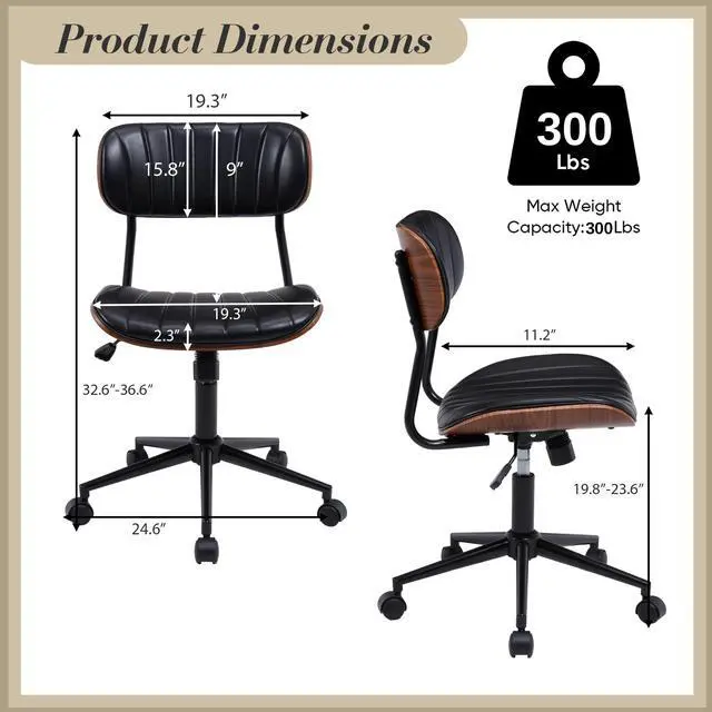 Alt view image 2 of 6 - Modern Walnut Home Office Chair,Adjustable Height Desk Chair with Wheels,Armless Computer Chair for Office, Reading Meeting Room, Black